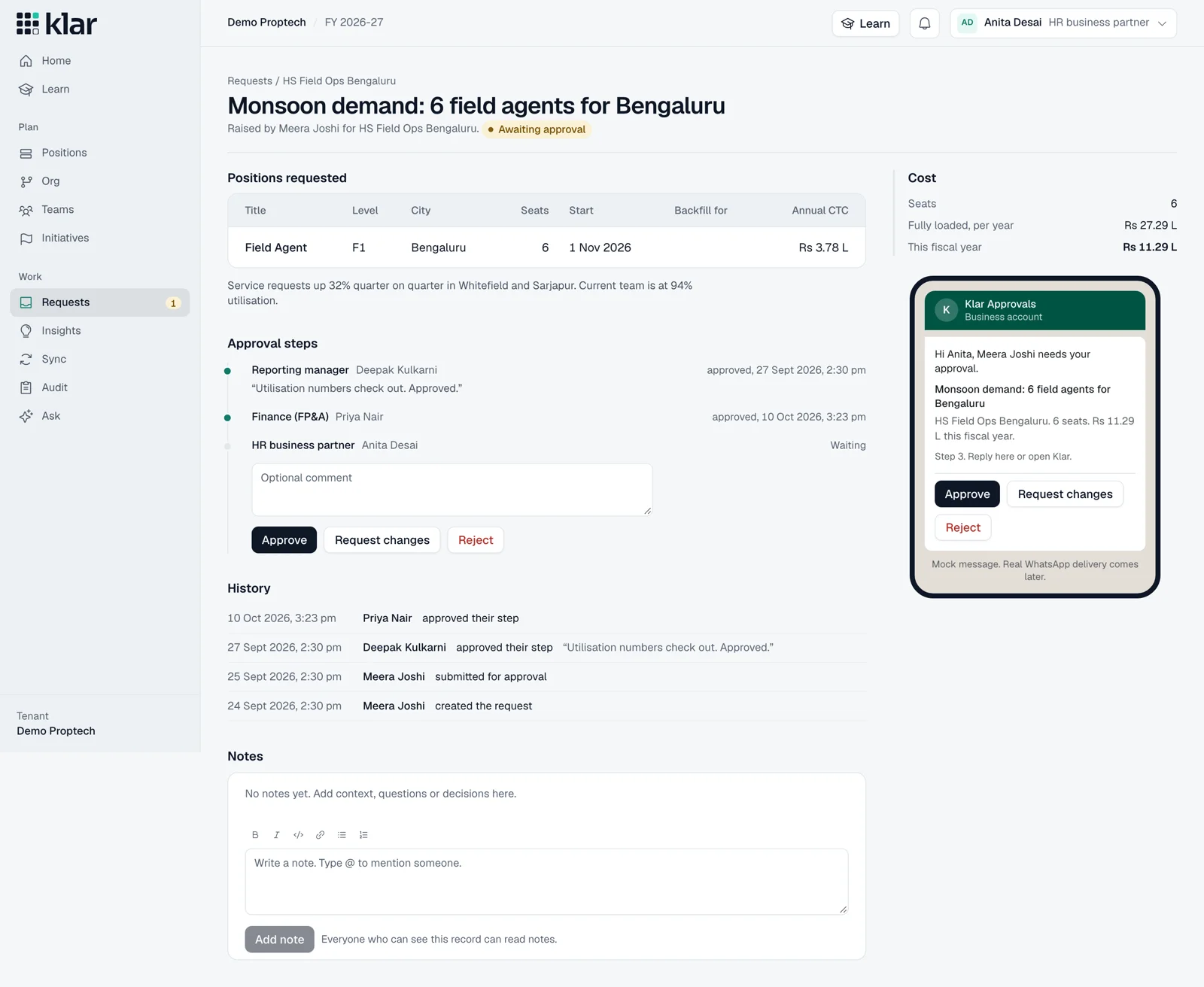 A real hiring request with manager and finance approvals completed and HR review pending.