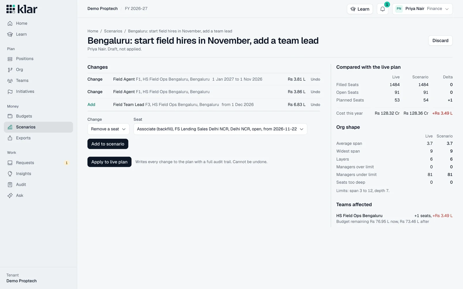 Klar scenario comparison with headcount and financial impact.
